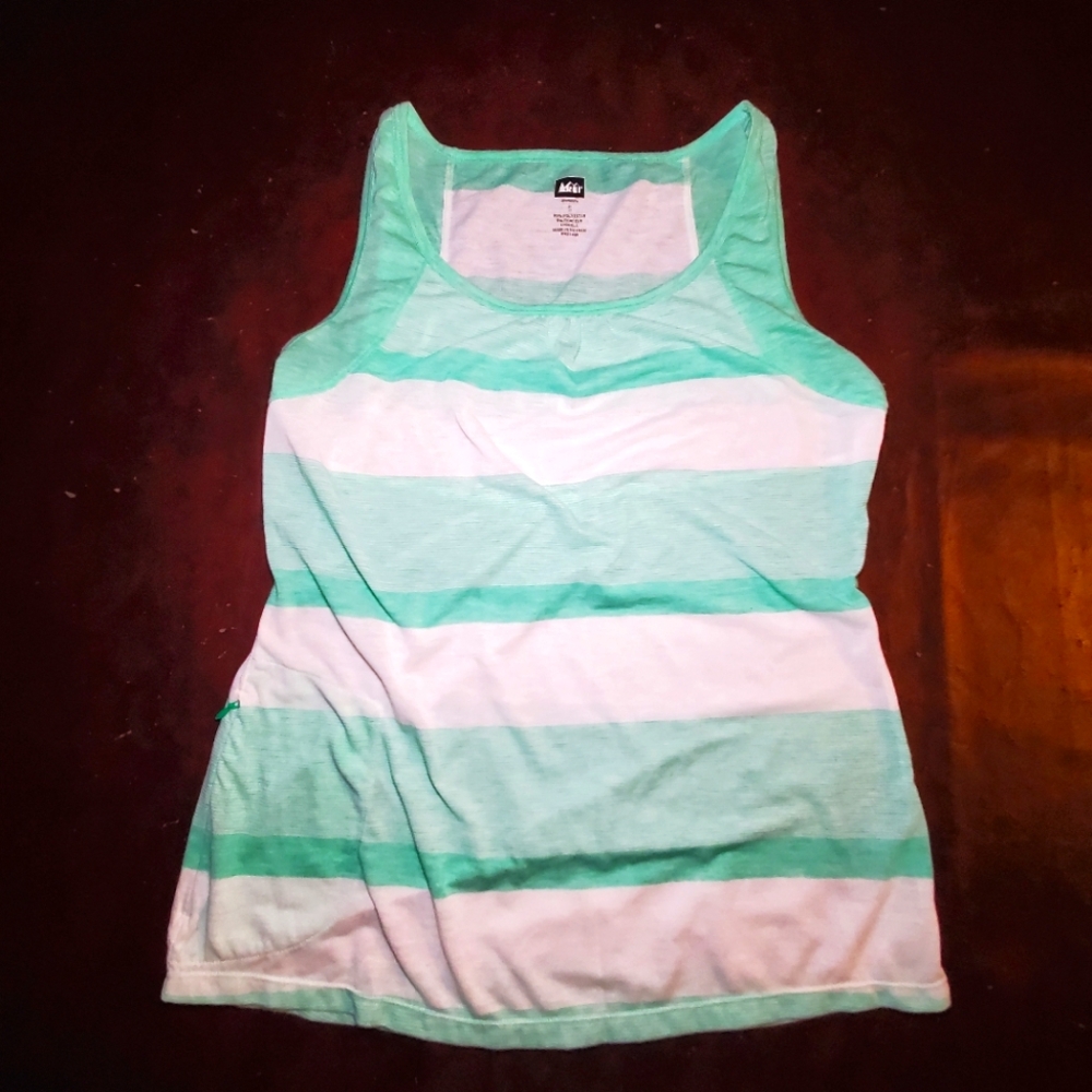 REI teal & white striped athletic tank, one zip front pocket